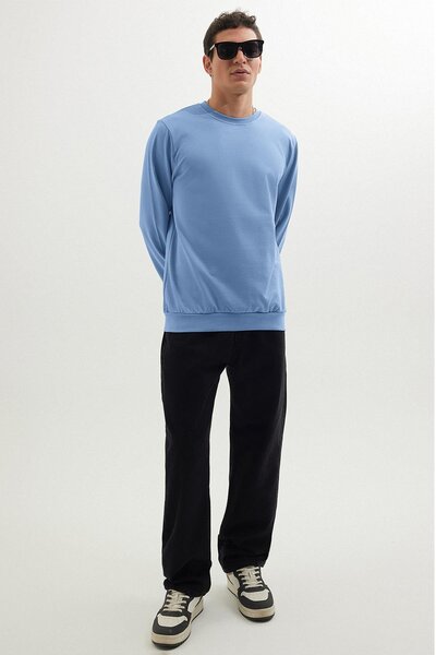 Tudors Erkek Relax Fit Rahat Kesim %100 Pamuk 2 İplik Bisiklet Yaka Mavi Sweatshirt