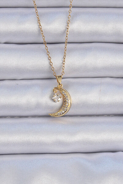 Skygo 316L Steel Chain Gold Color Zircon Stone Dangle Moon Star Necklace - Tj-Bko9061