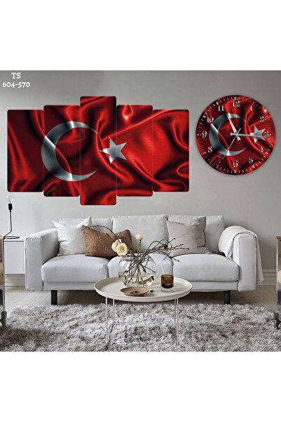 FORONEUS Atatürk Bayraklı 5 li Mdf Tablo ve Saat Seti
