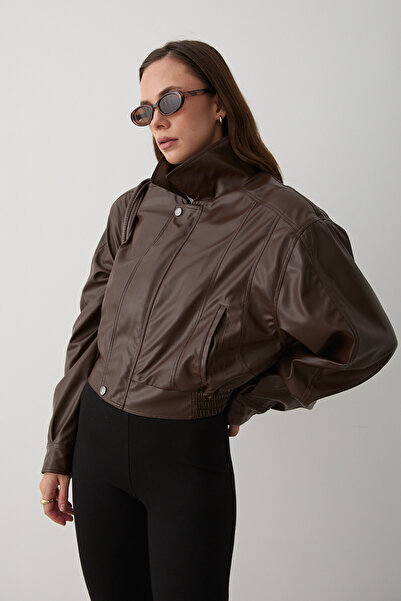 Laluvia Καφέ κοντό δερμάτινο μπουφάν - 1710