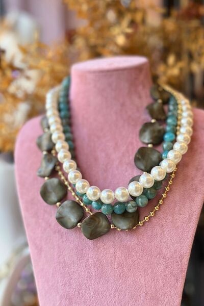 Meva Takı ve Aksesuar Green & Pearl Tone Multi Row Necklace |   Mev'Armoni Co...