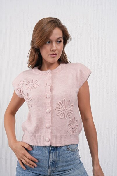 Miss Allos Women's Floral Patterned and Shoulder-Exposing Shoulder Pad Piece Knitwear Cardigan