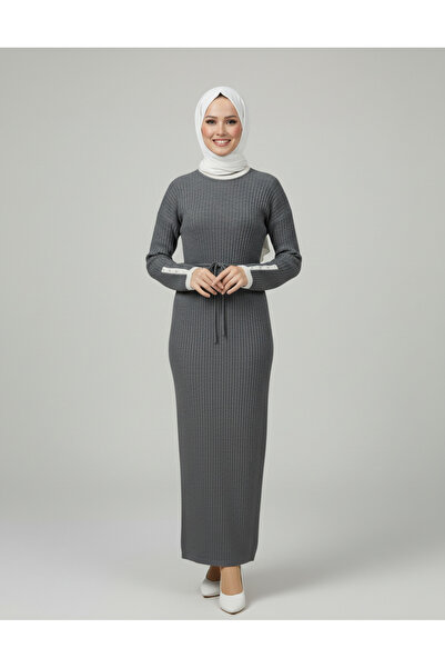 BENAHOLL Delasya Sleeve Tip Stone Detailed Self Corded Fabric Beardered Dress...