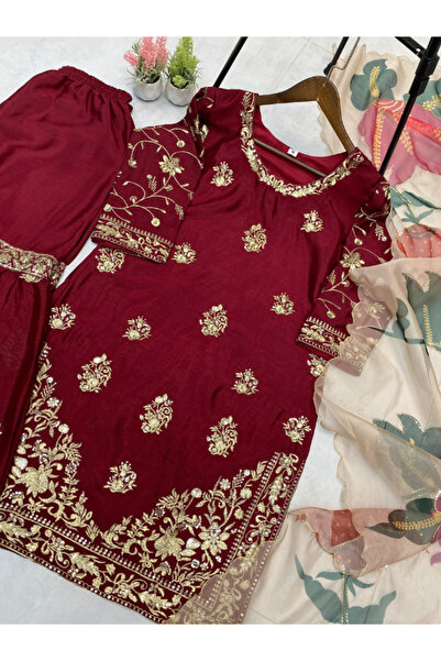 MYSMAR المارون شينون الحرير سراويل و قمصان هندية - HRT3040 | كستنائي