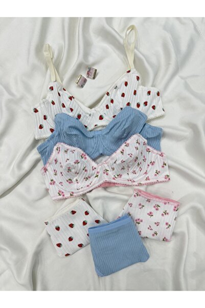 İNKO İÇ GİYİM 3 Colorful Underwire Patterned Cotton Bra Set