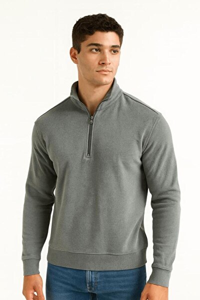 Markova Dik Yaka Erkek Selanik Pamuk Karışımlı Fermuarlı Rahat Kesim Sweatshirt