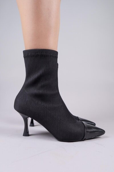 Birikon VİRREY Skin G συνδυασμός υφασμάτων Stretch μπότες με τακούνι ΜΑΥΡΟ