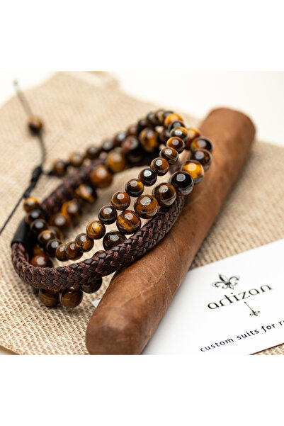 Artizan Suits Unisex leather & Tiger Eye bracelet set