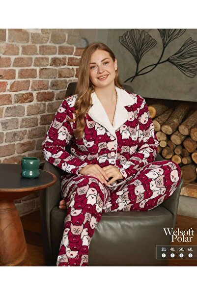 Hirazenmoda Women's Oversized Fleece Pajama Set – Buttoned Collar, Soft Welsoft Fabric Winter Model