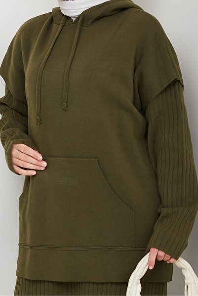 Bestenur Hooded Tunic Dress Knitwear Set 1645 - Khaki
