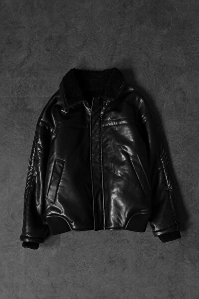 Slatra Men's Black Filled Fur Leather Coat