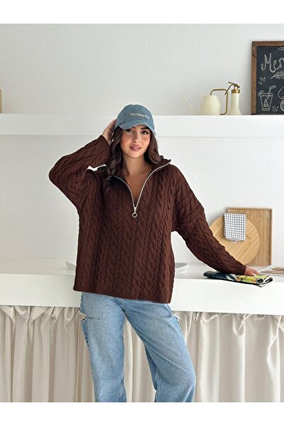 Jeevee Pulover tricotat guler ridicat cu model împletit și cu jumătate de fer...