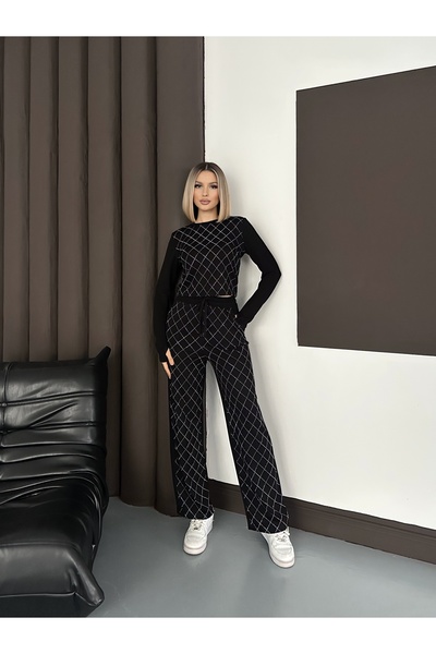 MODAMERSİ Women's Black Stone Printed Diamond Patterned Modal Set