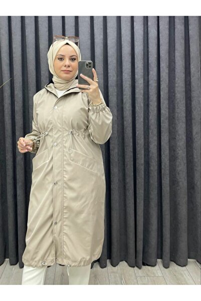 Mikxim Women's Waist Elastic Detailed Hidden Zipper Hooded Trench Coat