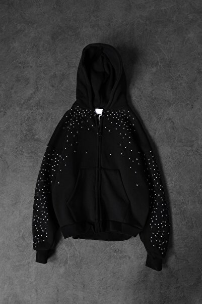 Slatra Men's Black Embroidery Detail Full Zip Oversized Hooded Sweatshirt