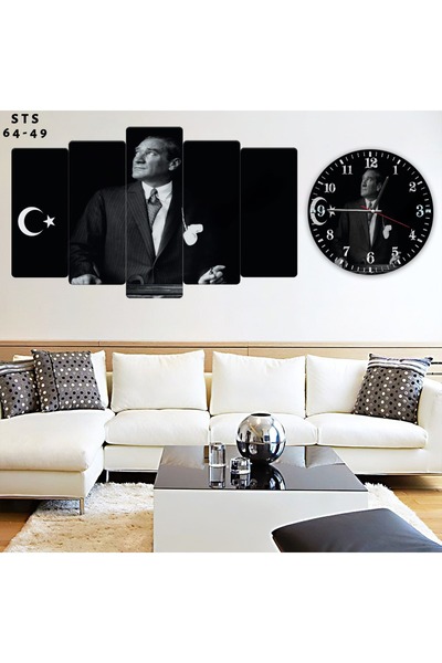 FORONEUS Atatürk Bayraklı 5 li Mdf Tablo ve Saat Seti