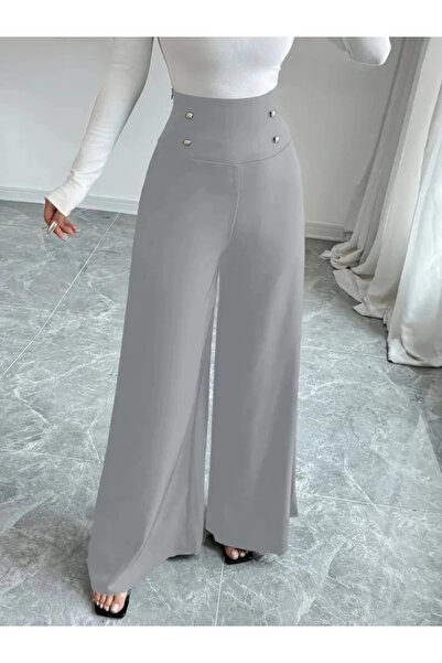 BEFAON Women's High Waist Buttoned Wide Leg Imported Crepe Trousers