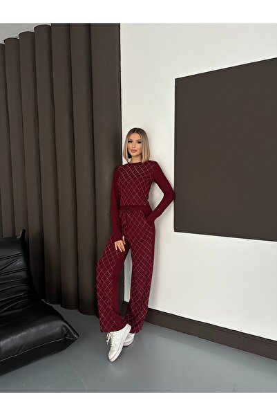 LE CARAMBOLE Women's Burgundy Stone Printed Diamond Patterned Modal Set