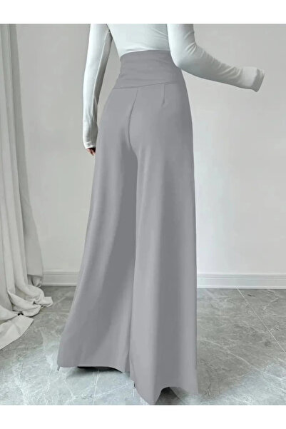 BEFAON Women's High Waist Buttoned Wide Leg Imported Crepe Trousers