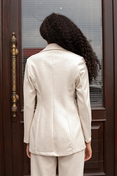 Jument Women's Stretchy Thick Fabric Collar Pocket Flap Long Sleeve Double Button Blazer Jacket-Cream