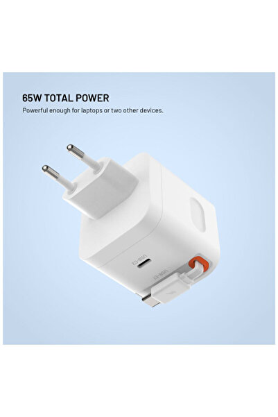 FIXED Încărcător de perete GaN 2x USB-C cu cablu, 65W - FIXCG65R-2C-WH