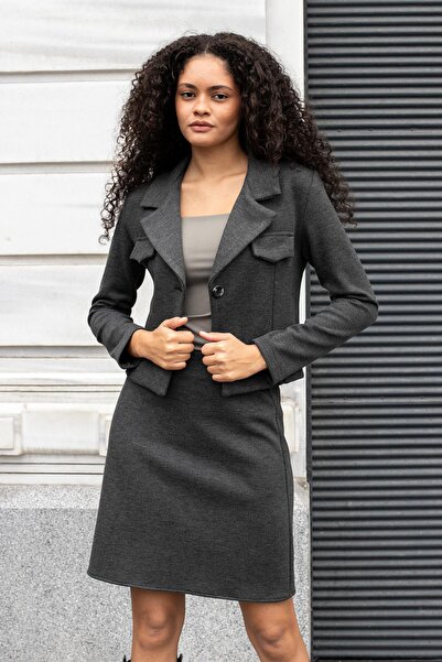 Jument Women's Thick Stretchy Fabric Collar Pocket Flap Long Sleeve Short Blazer Jacket-Anthracite