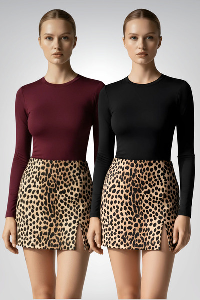 Thestiluxe Crew Neck Stretch Fabric Long Sleeve Diving Fabric Basic Black White 2-Piece Bodysuit