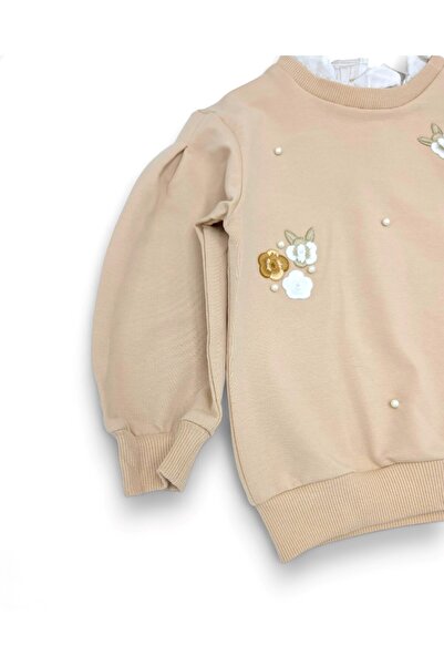 VOY KİDS Girl's Floral Embroidered Collar Detail, Leggings Included, Ages 2-10, Stylish Top and Bottom Set