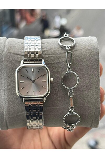 captiva Gümüş Renk Kare Çelik Kapalı Kordon Kadın Kol Saati Ve Çelik Bileklik
