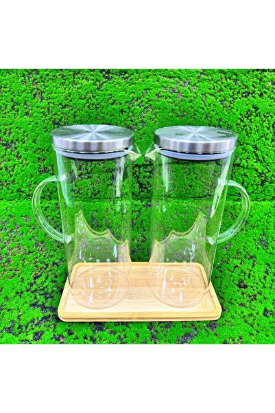 DURA 2Lİ CAM YAĞLIK METAL KAPAKLI AHŞAP TEPSİLİ 1500 ML (Sürahi)