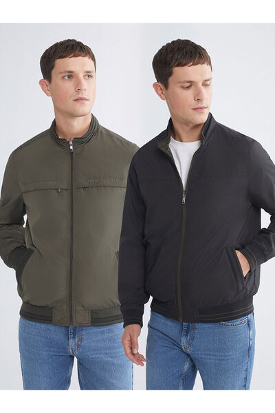 LC Waikiki Khaki Large Size Reversible Stand Collar Men's Coat