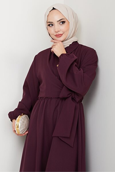 Bestenur Cross Tie Shirt Collar Dress 1636 - Burgundy