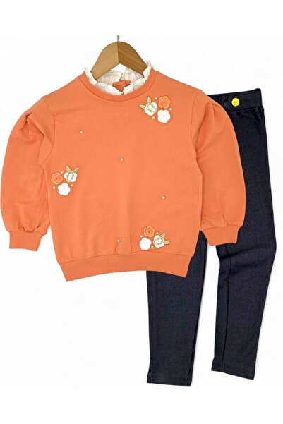 Ege Bebek Girl's Floral Embroidered Collar Detail, Leggings Included, Ages 2-10, Stylish Top and Bottom Set