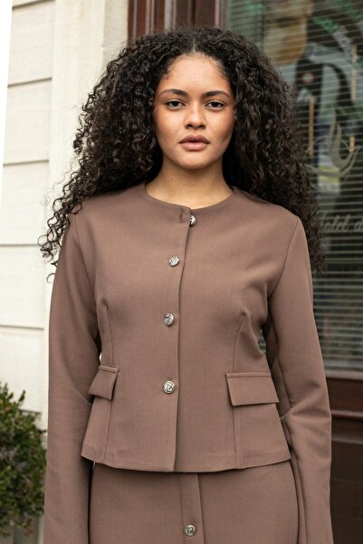 Jument Women's Lightweight Stretchy Fabric Wide Crew Neck Pocket Flap Long Sleeve Slim Fit Lightweight Short Blazer Jacket-Milk