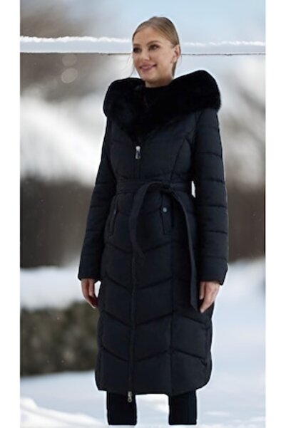 OEM Women's long black jacket with wide faux fur collar and elegant cut – premium cold-season comfort,