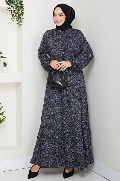 Bestenur Çıtır Çiçek Desen Yarım Düğmeli Elbise 1629 - Lila