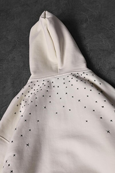 Slatra Men's Beige Embroidery Detail Full Zip Oversized Hooded Sweatshirt