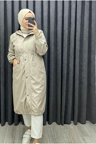 Mikxim Women's Waist Elastic Detailed Hidden Zipper Hooded Trench Coat