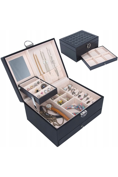 zola Jewellery box, 2 levels, mirror, 22x17 cm, black -leather