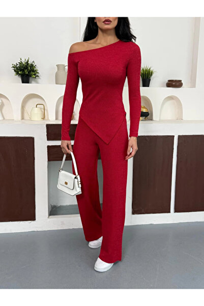 asfamoda بلوزة نسائية ذات ياقة قارب حمراء اللون وقصة غير متماثلة واسع الأرجل ...