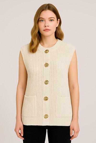 Sfg Life Moda Women's Braided Oversized Sleeveless Knitwear Vest with Gold Buttons on the Front