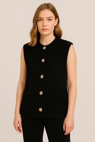 Sfg Life Moda Women's Braided Oversized Sleeveless Knitwear Vest with Gold Buttons on the Front