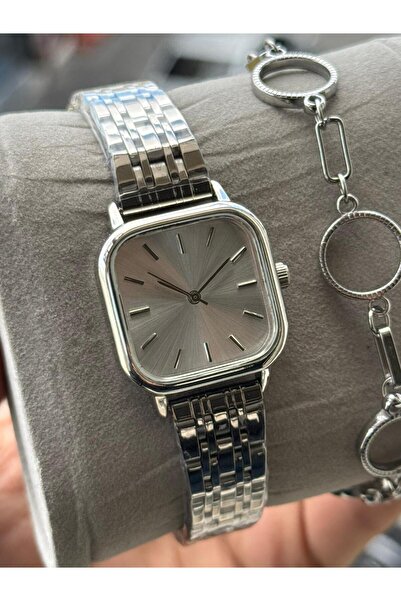 captiva Gümüş Renk Kare Çelik Kapalı Kordon Kadın Kol Saati Ve Çelik Bileklik