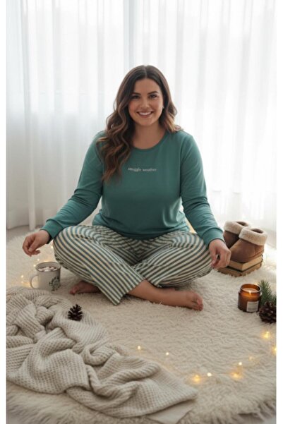 Mihra Yeşil Milan Kumaş Büyük Beden Pijama Takımı