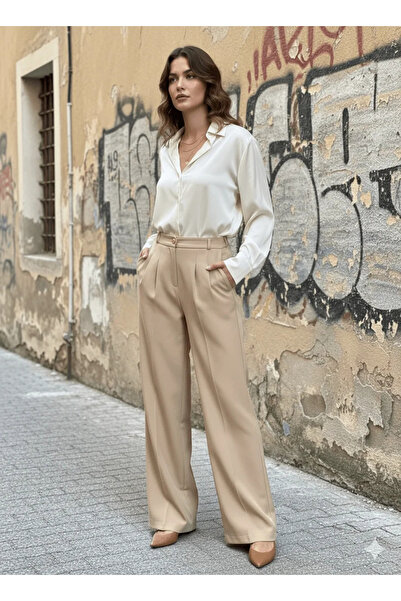 bysoca Women's Beige High Waist Pencil Pocket Palazzo Wide Leg Flowy Woven Fa...