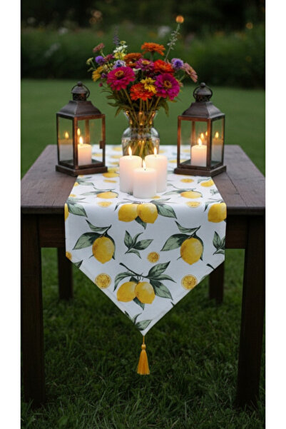 shopshop Lemon Floral Patterned Digital Printed Modern Tasseled Runner Table Coffee Table Cover