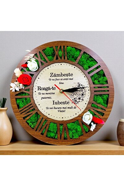 OEM Wall clock decorated with lichens, personalized message for Family/Friends, 30cm, walnut