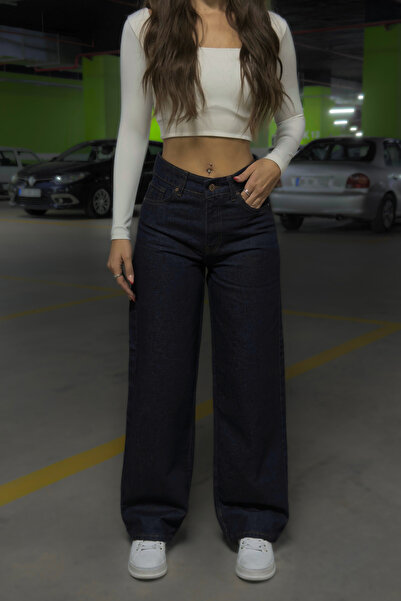 BİKELİFE Dunkelblaue High-Waist-Jeans mit weitem Bein