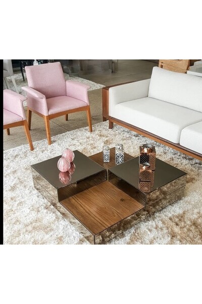 LUXURY VİLLA LUXURY BRONZ AYNALI TEKERLEKLİ ORTA SEHPA 90X90 YÜKSEKLİK 28CM