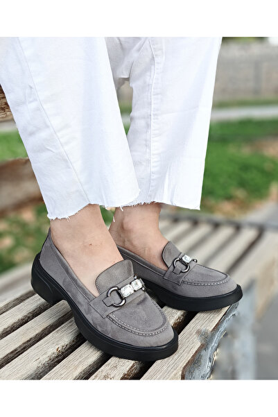 EVEREST SHOES Pantofi de damă din piele intoarsa gri cu catarama de piatra